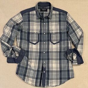 Express Men's Blue and White Plaid Snap Front Shirt M